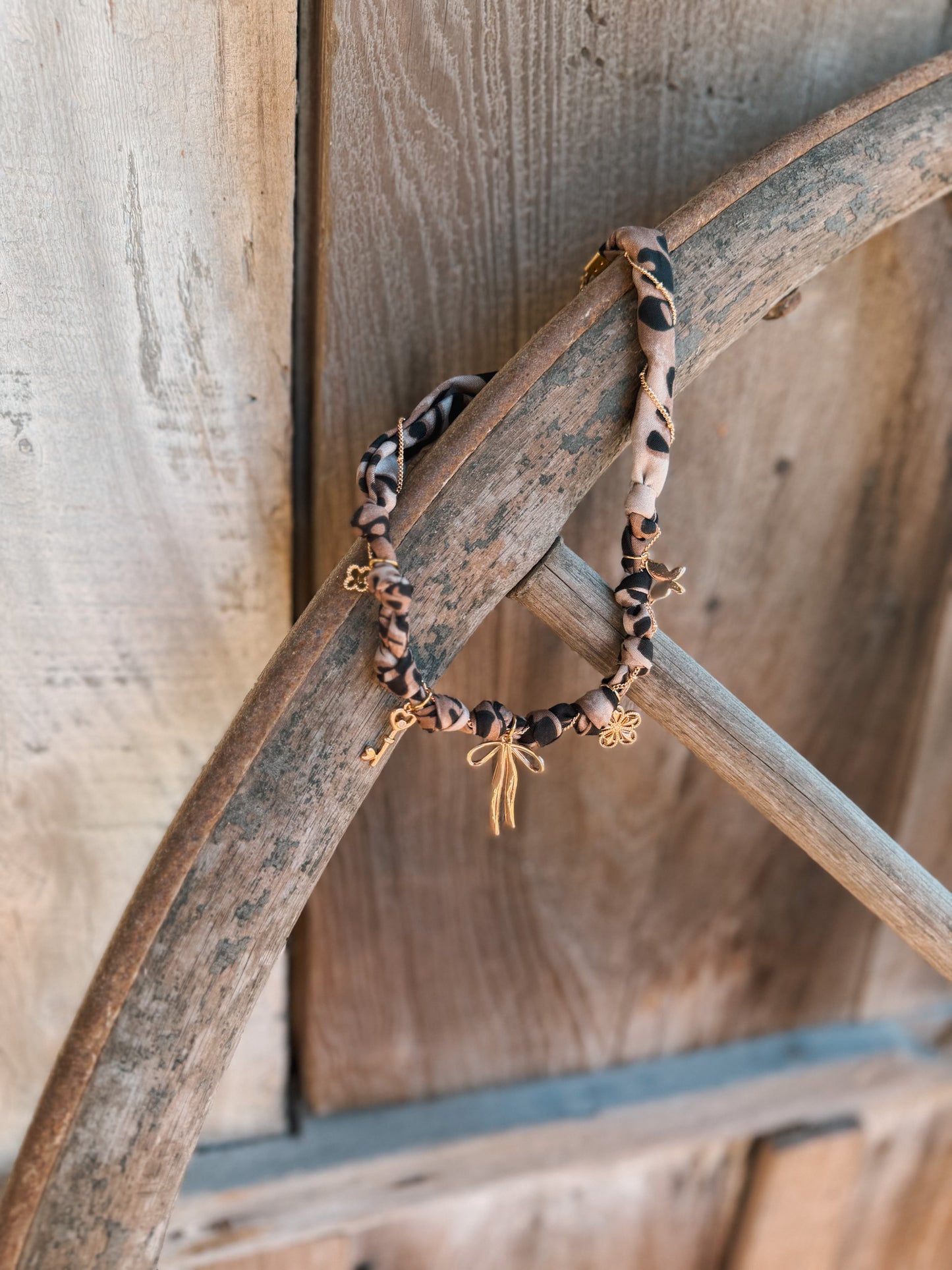 Gold Bow and Multi Charm Pendant Scarf Necklace - Leopard
