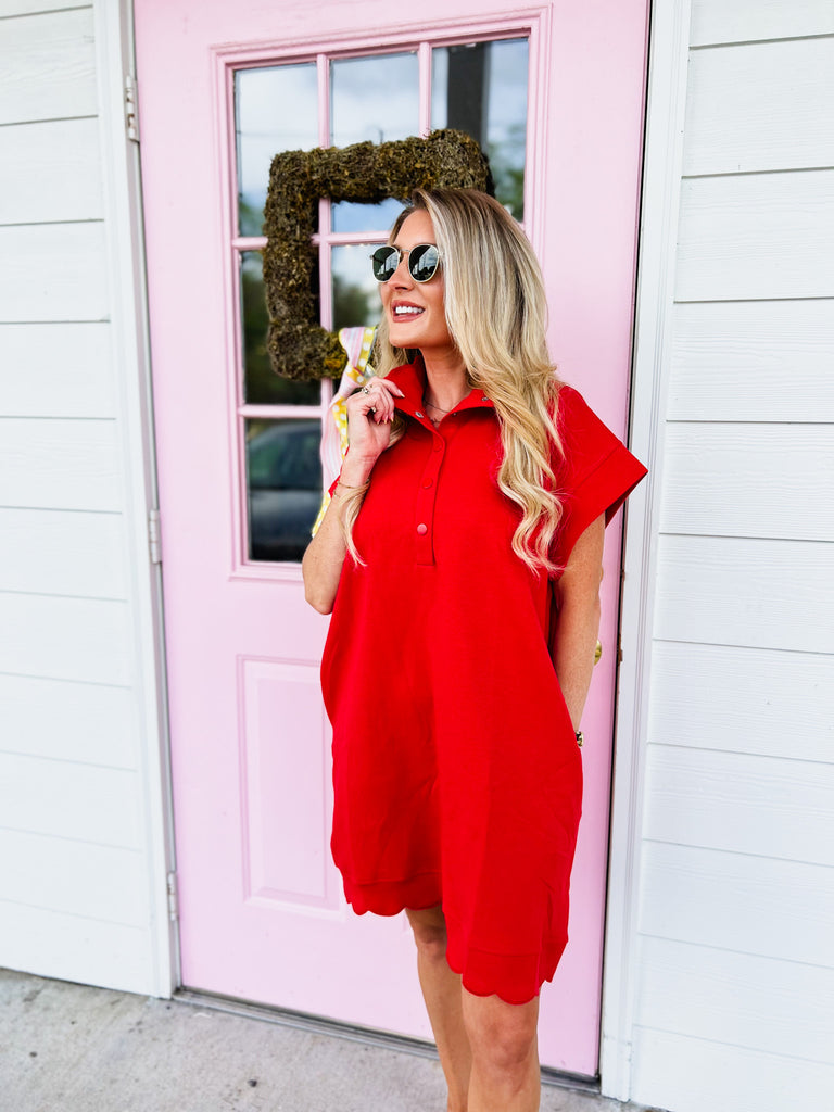 Oh Honey Jersey Dress with Scallop Trim Detail - Red