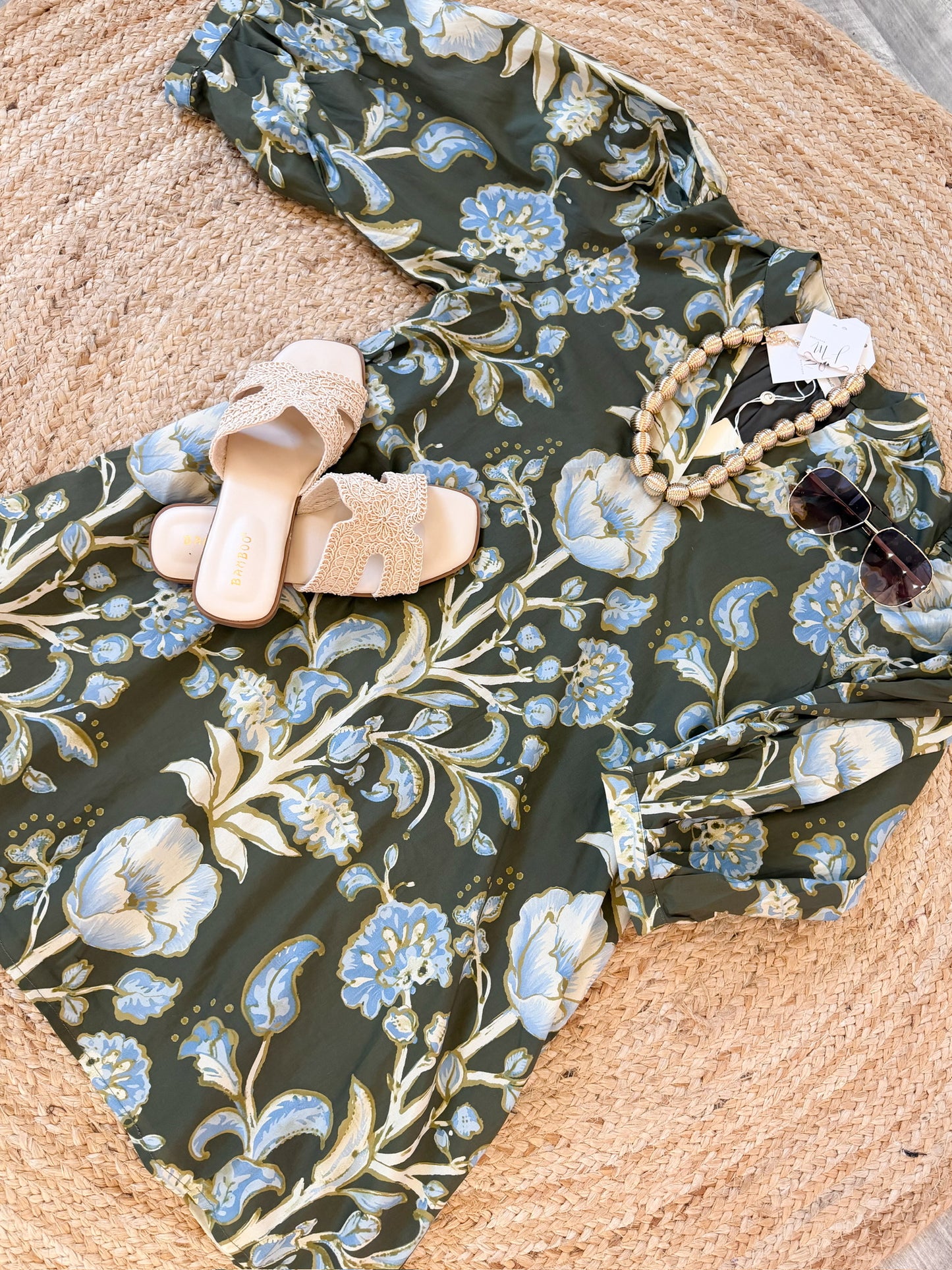 Big Dream Floral 3/4 Puff Sleeve Dress - Olive