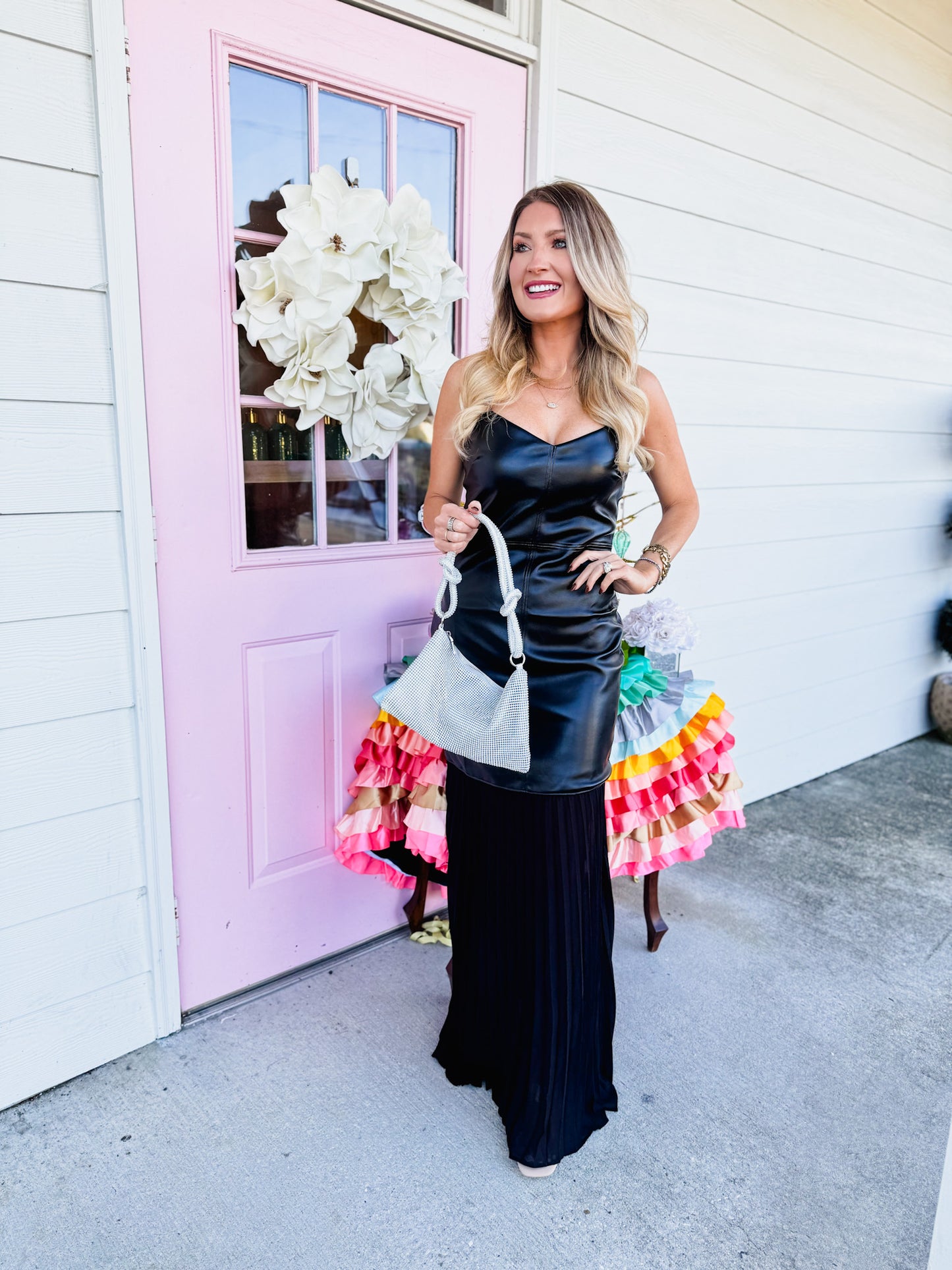 Fete Vegan Leather Pleated Skirt Maxi Dress - Black