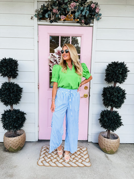 Stripe Drawstring Elastic Waist Patch Pocket Wide Let Pant - Sky Blue