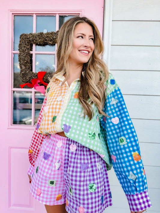 Queen of Sparkles Rainbow Gingham Colorblock Lucky Charms Cotton Short