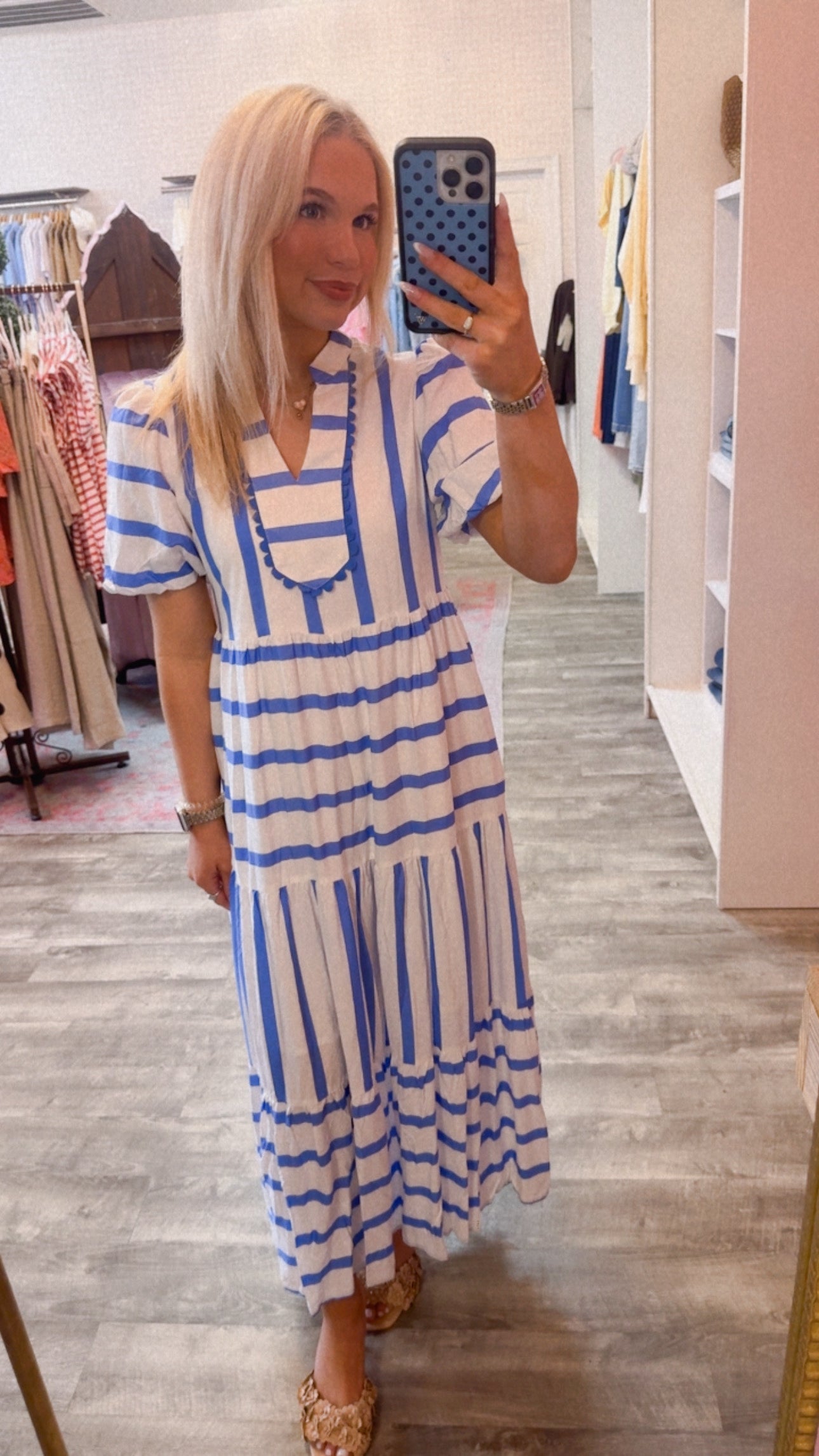 On Holiday Stripe RicRac Trim Notched Neck Dress - Sky Blue