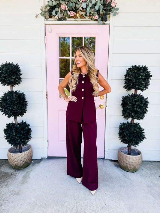 She Means Business Button Up Vest - Burgundy
