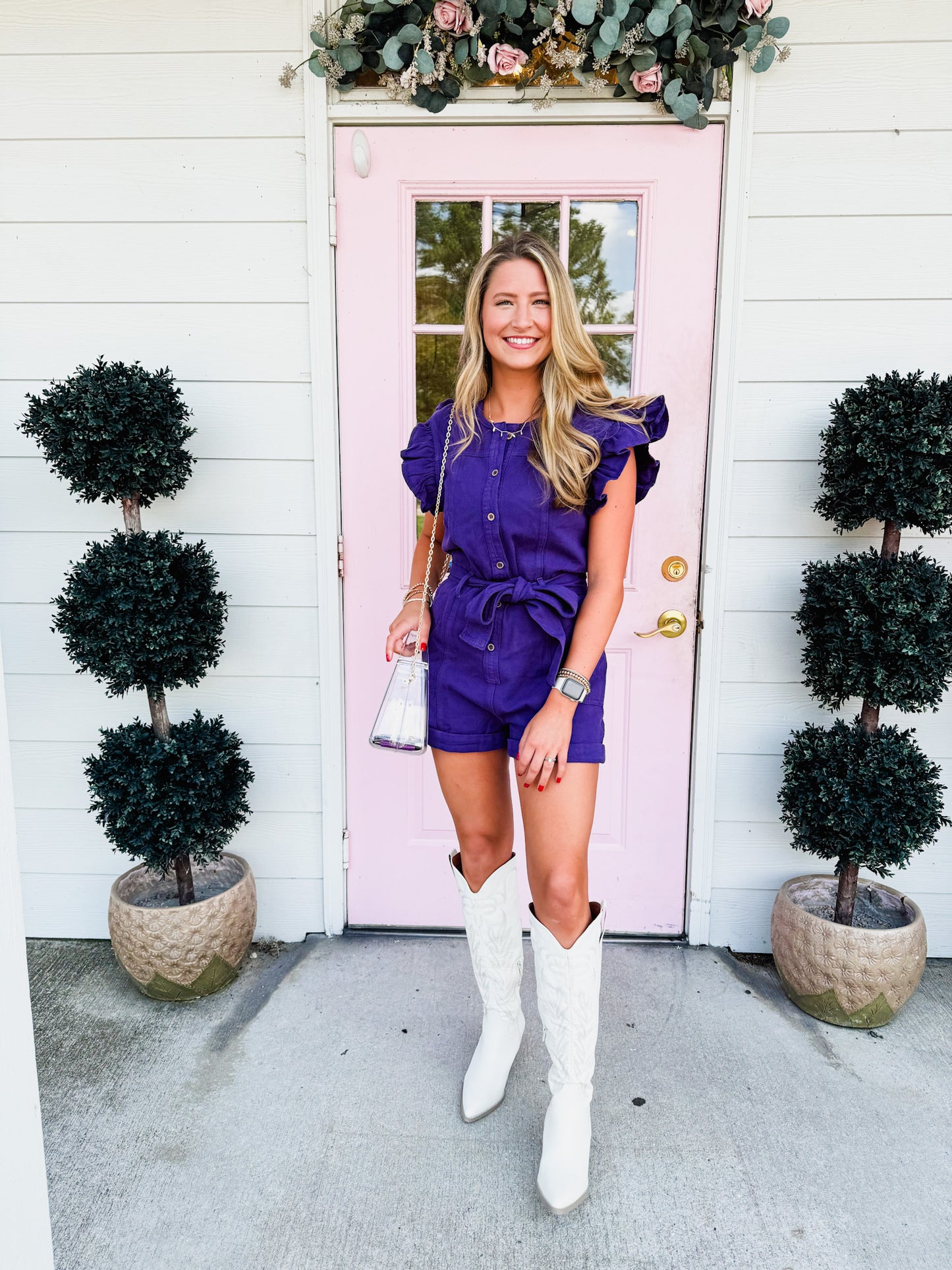 Game Day Ready Denim Belted Romper - Purple