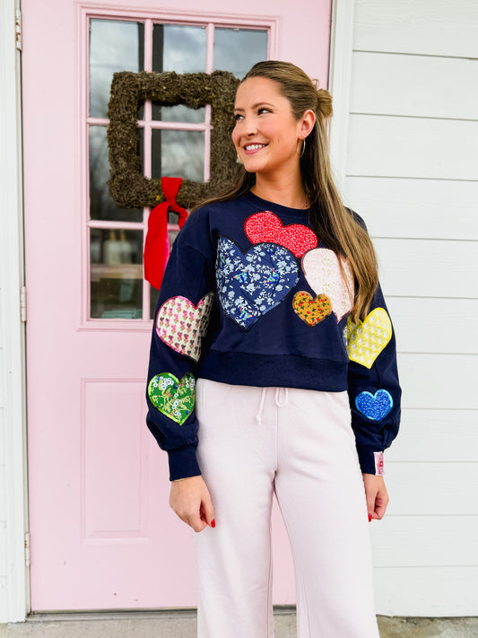 Queen Of Sparkles Navy Multi Embroidered Hearts Sweatshirt