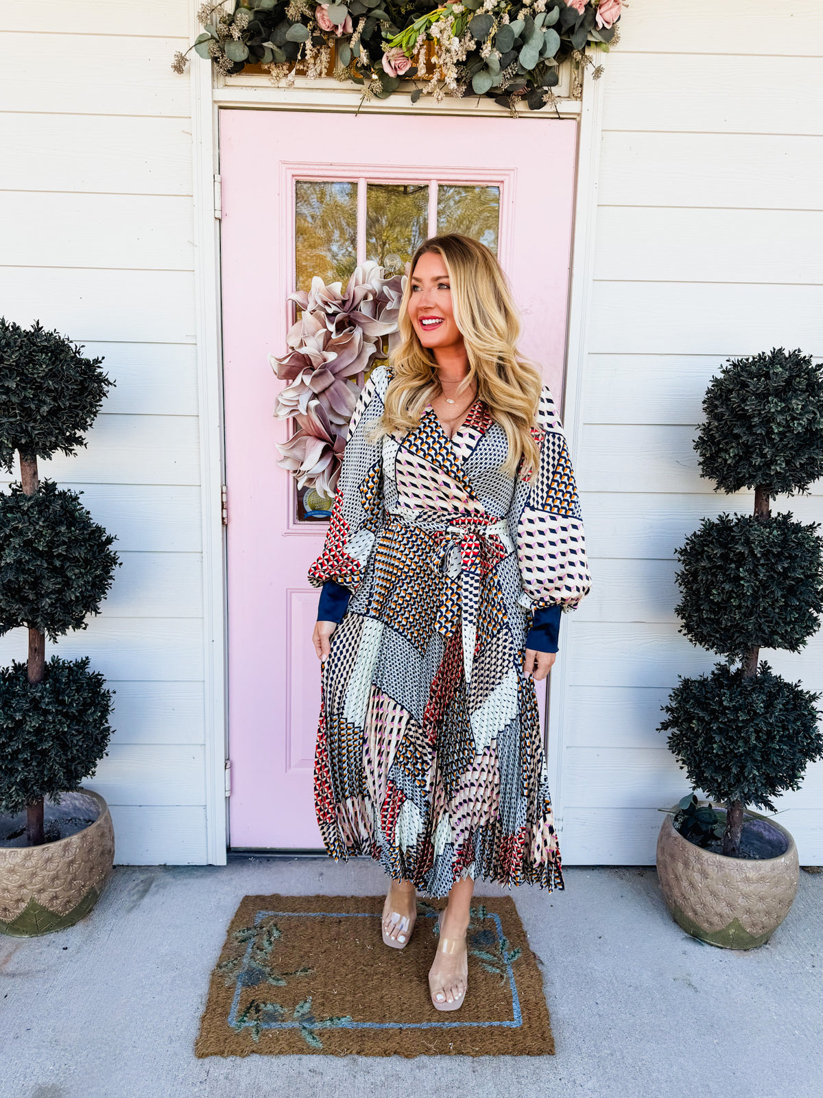 Mile Marker Patchwork Geometric Print Midi Dress - Navy Multi