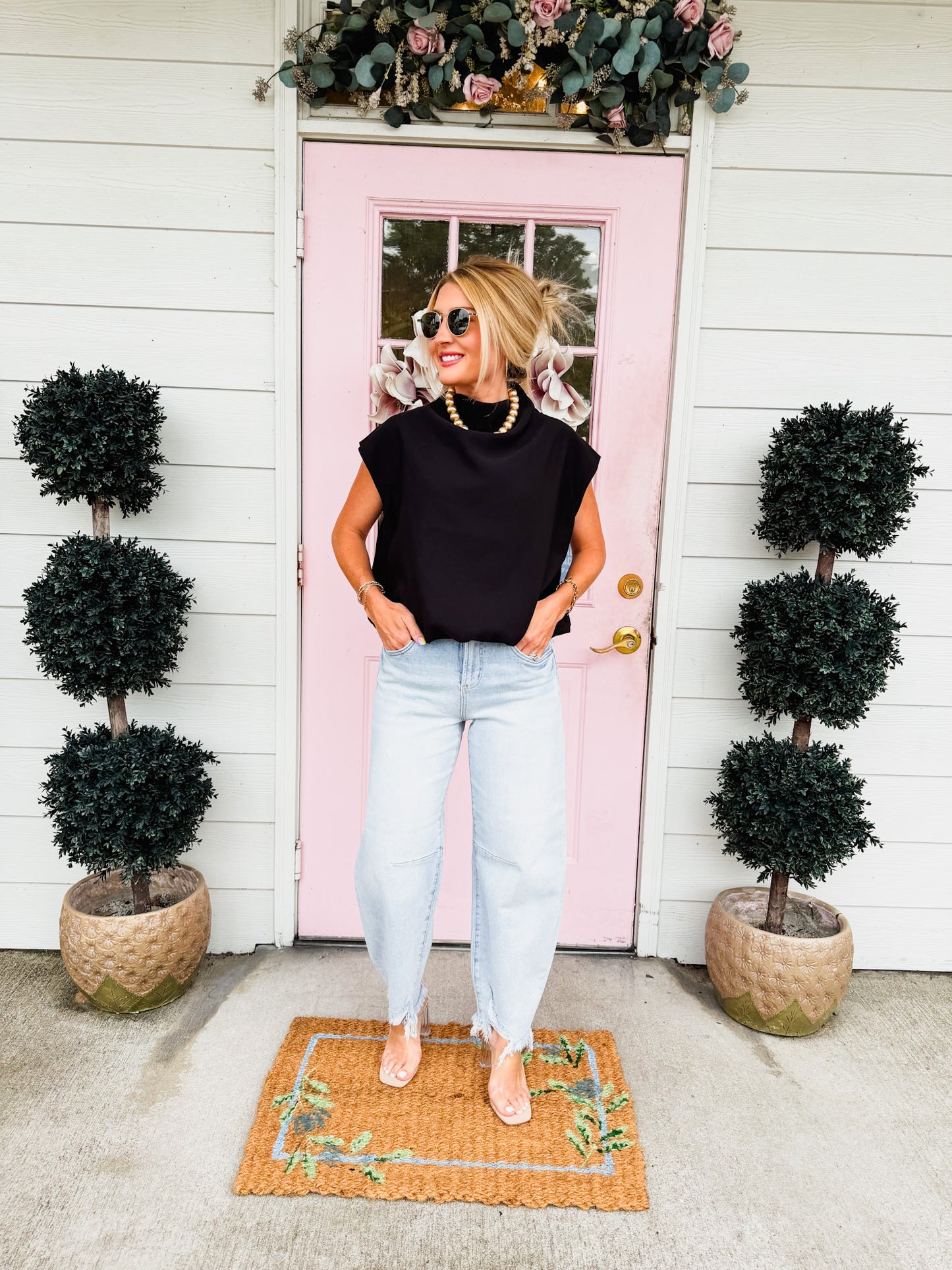 Day Dream Mock Neck Balloon Top - Black