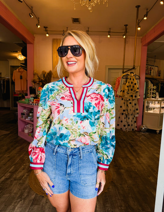 Contrast Trim Floral Blouse - Sky Blue