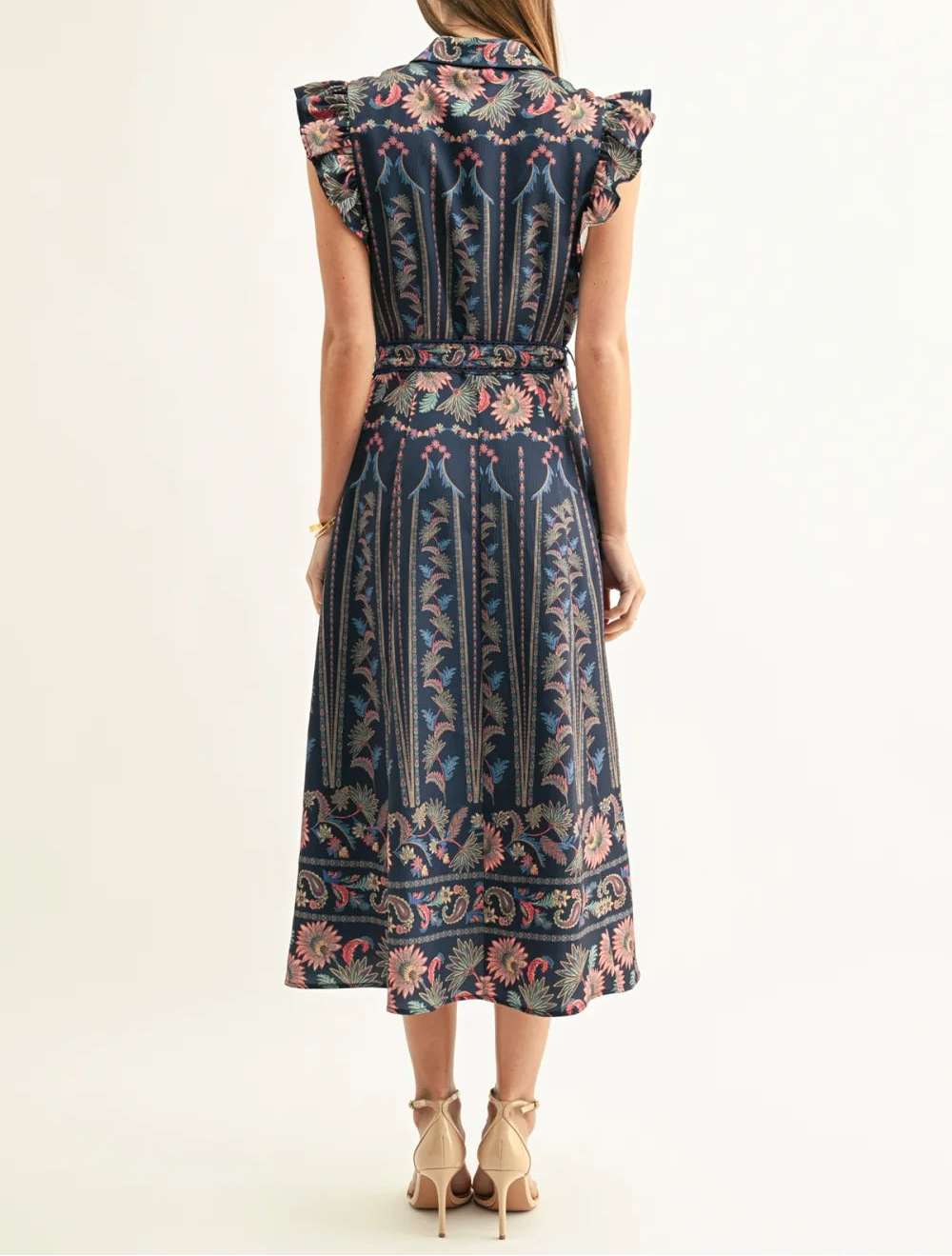 Karly Ruffled Sleeves Shirt Midi Dress - Navy Multi