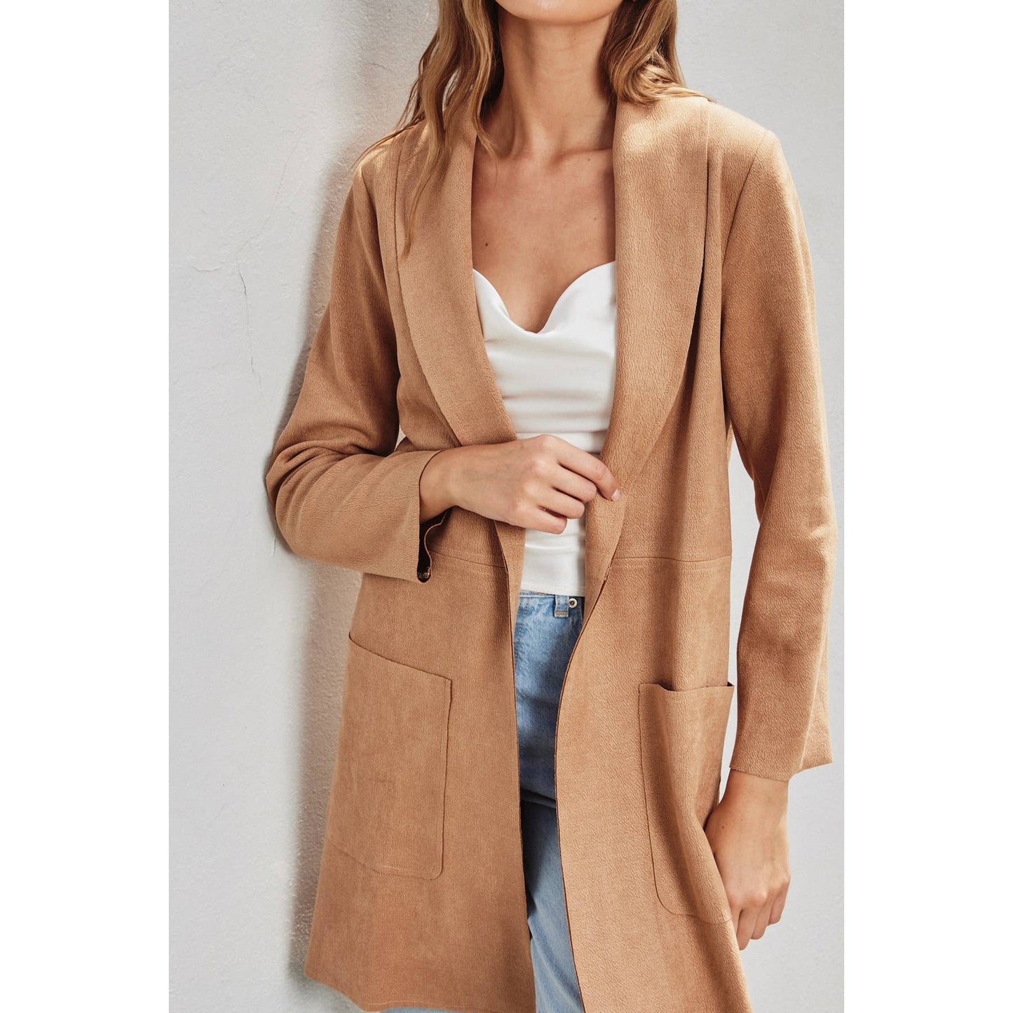 Adventure Awaits Textured Scuba Open Front Coat - Tan