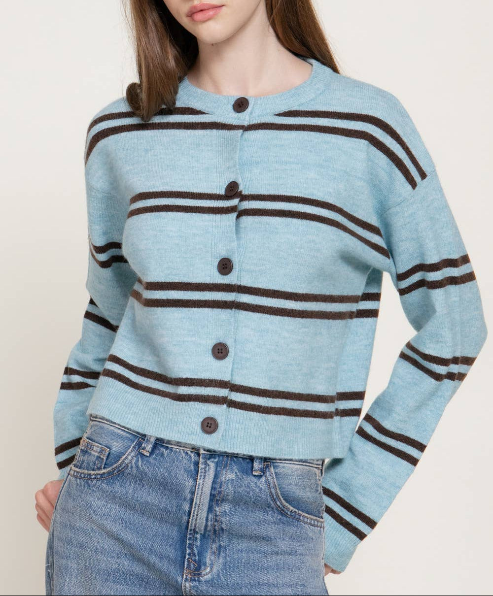 Low Key Long Sleeve Round Neck Striped Cardigan - Blue/Brown