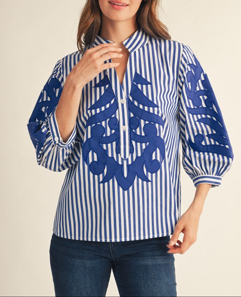 Fresh Look Baroque Applique Stripe Top - Blue