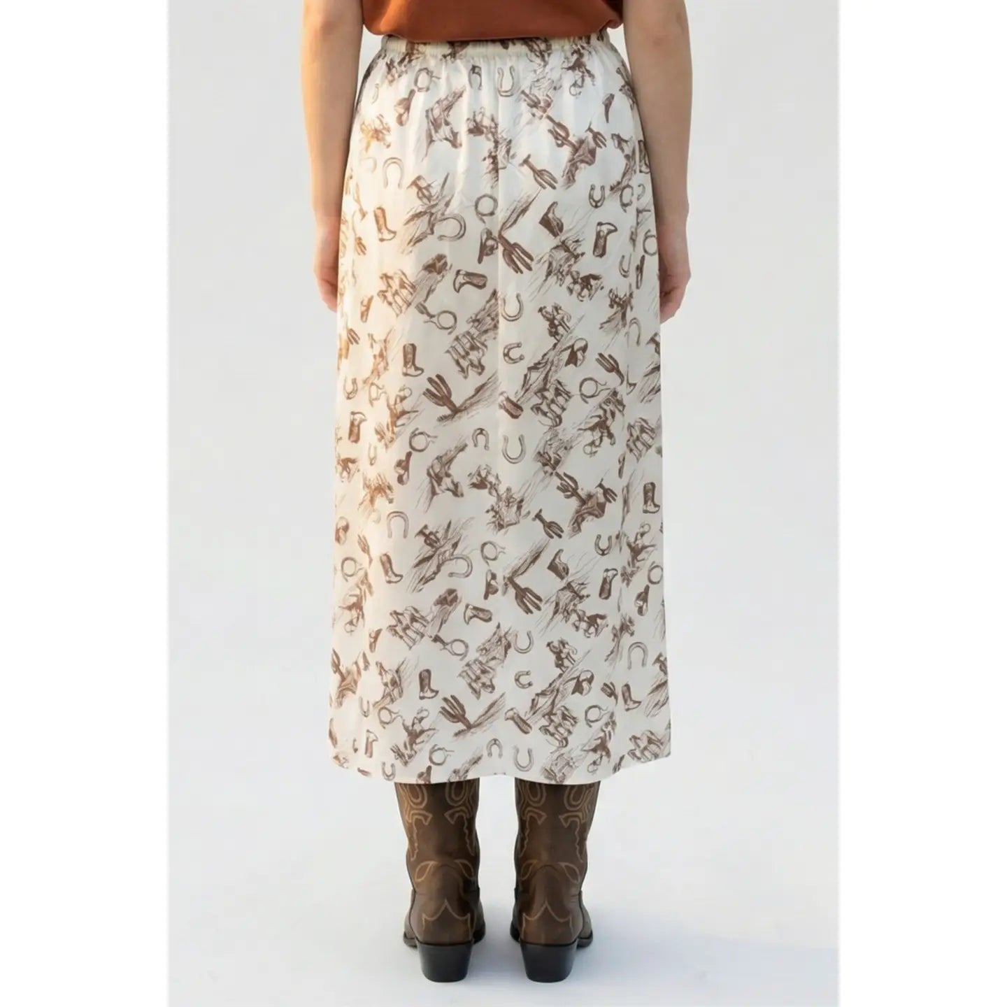 Speak Up Western Print Satin Midi Skirt - Ivory/Espresso