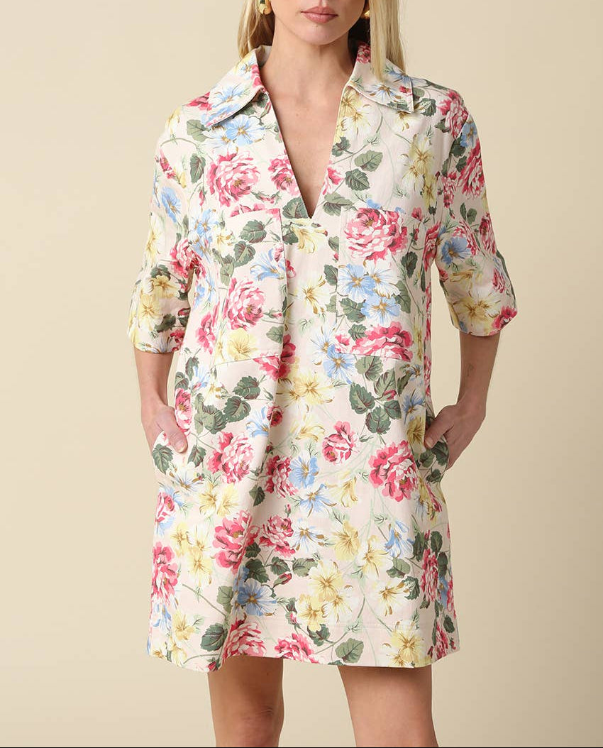 Lyla Floral Collared V-Neck Dress - Cream