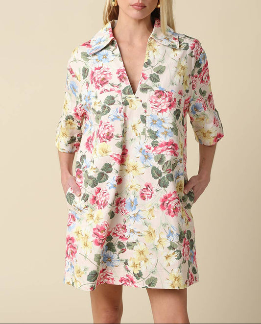 Lyla Floral Collared V-Neck Dress - Cream