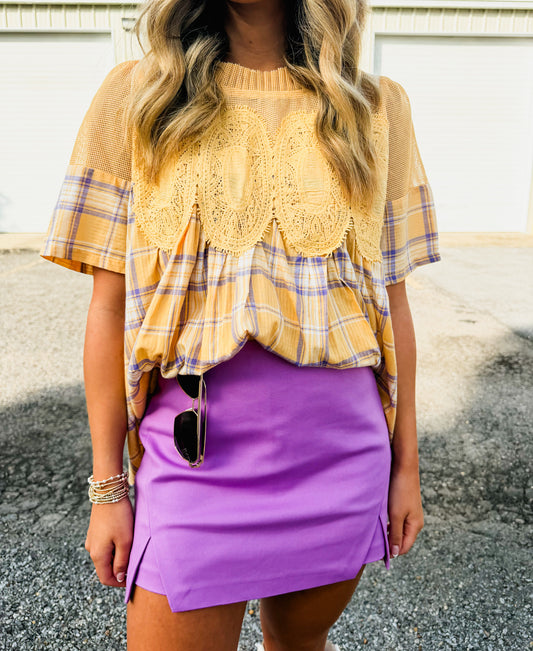 Right Back Mesh Applique Plaid Babydoll Top - Yellow/Lavender