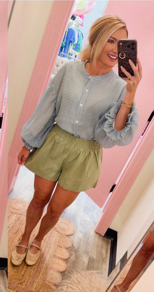 Picture It Gingham Print Voluminous Sleeve Top - Cream/Dusty Blue