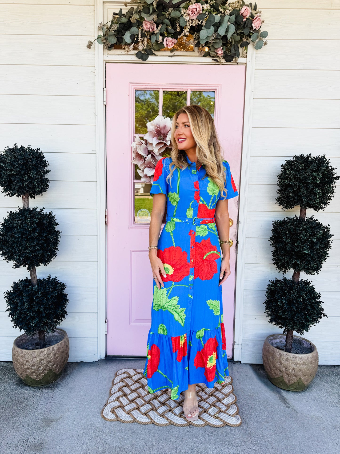 Main Event Floral Print Button Down Belted Shirt Midi Dress - Blue