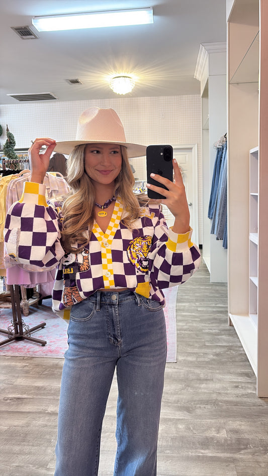 Queen Of Sparkles Licensed LSU Checkered Team Icons Cardigan