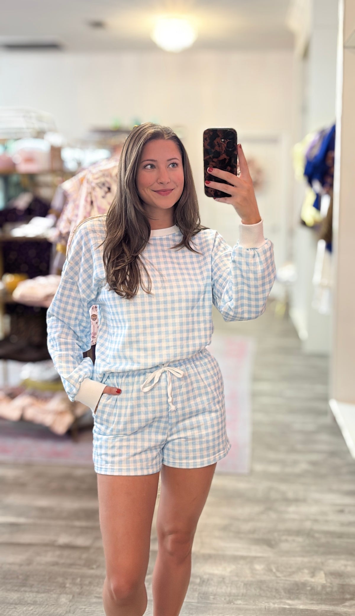 Plaid Baggy Pullover Drawstring Shorts Set - Sky Blue
