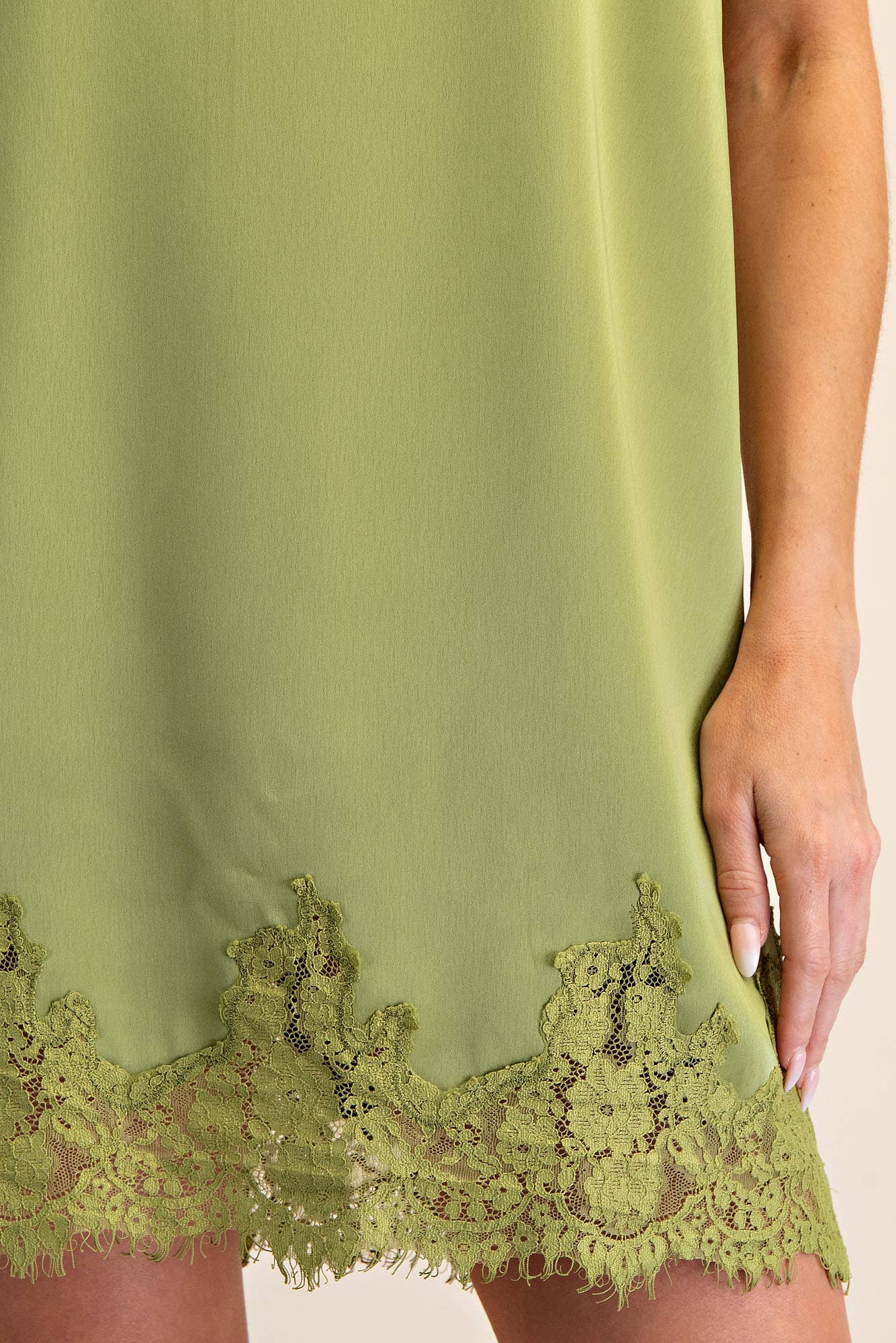 Be Real Round Neck Sleeveless Lace Detail Satin Shift Dress - Olive