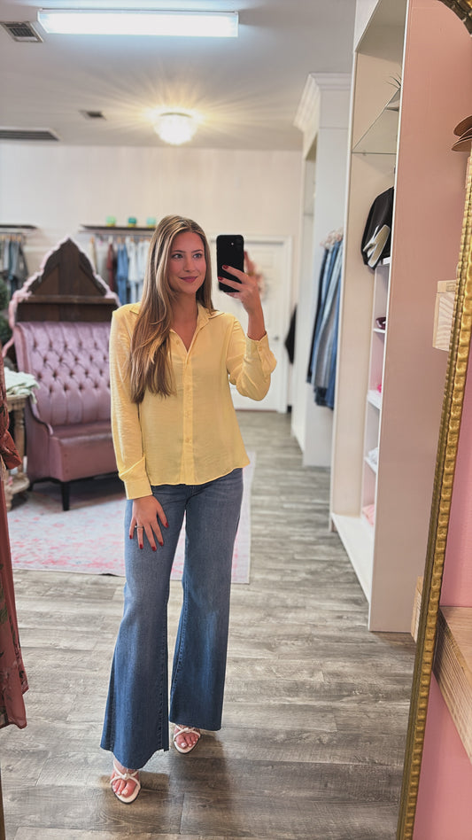Stand Firm Fitted Long Sleeve Button Up Blouse - Pale Banana