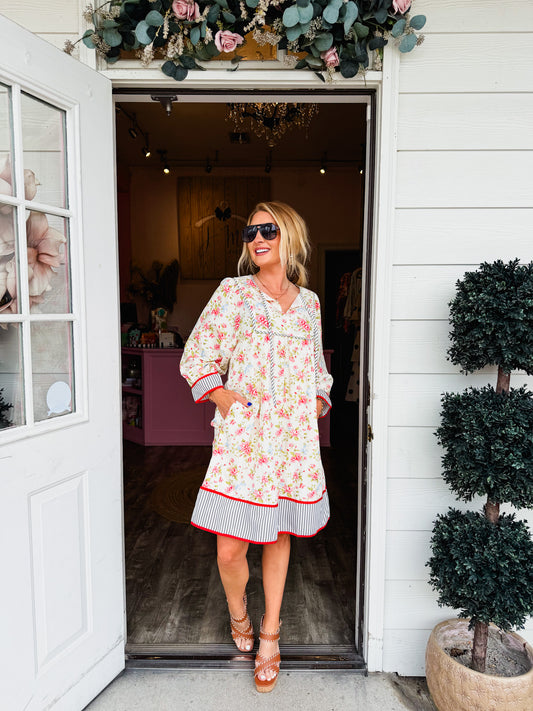 Striped Edge Puff Sleeve Floral Dress - Apricot