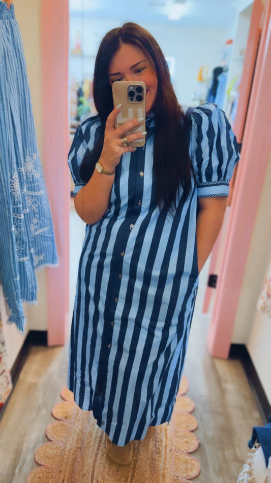 Handle with Care Striped Puff Sleeve Midi Dress - Navy
