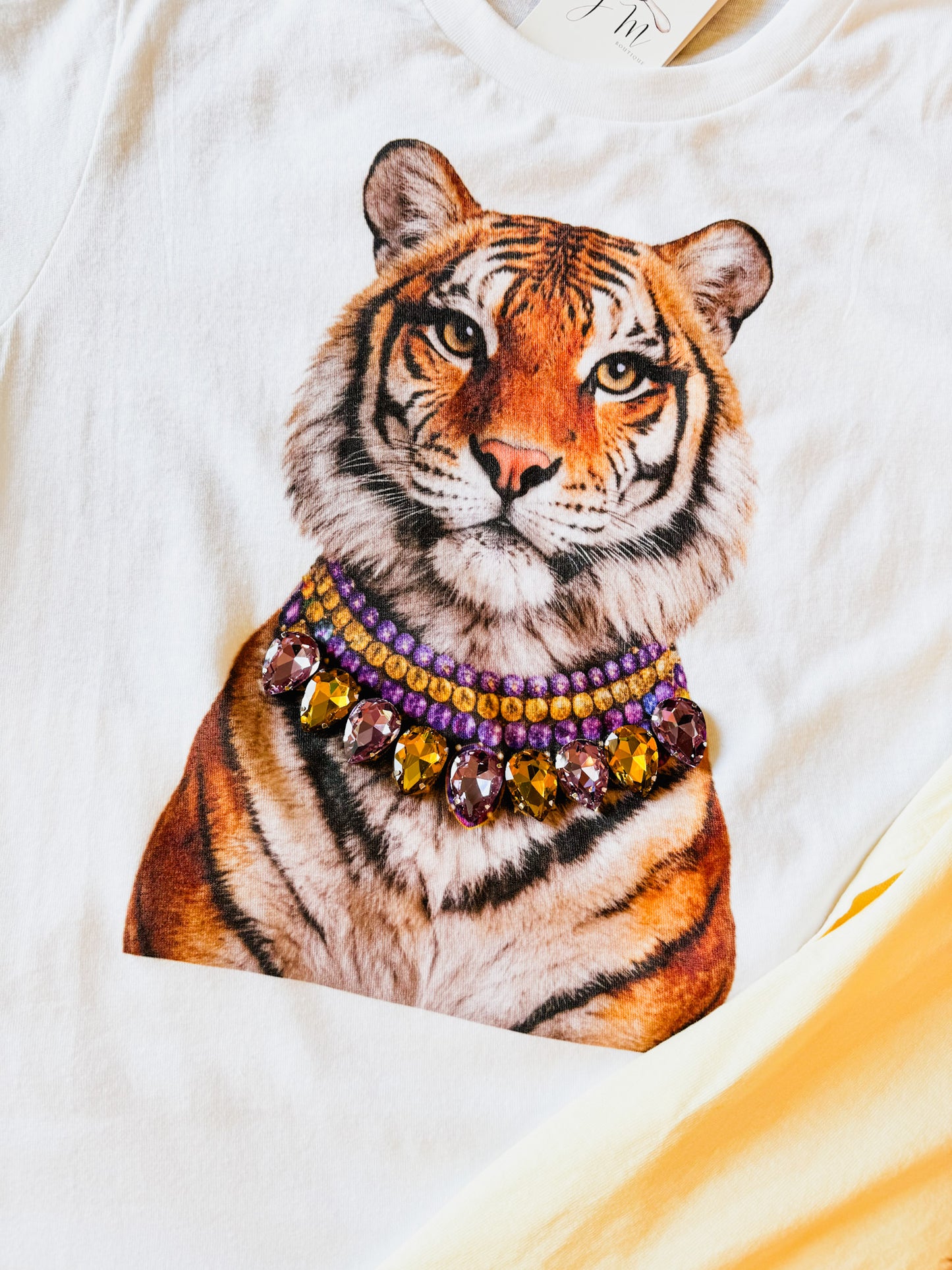 Jeweled Purple & Gold Collar Tiger Tee - White