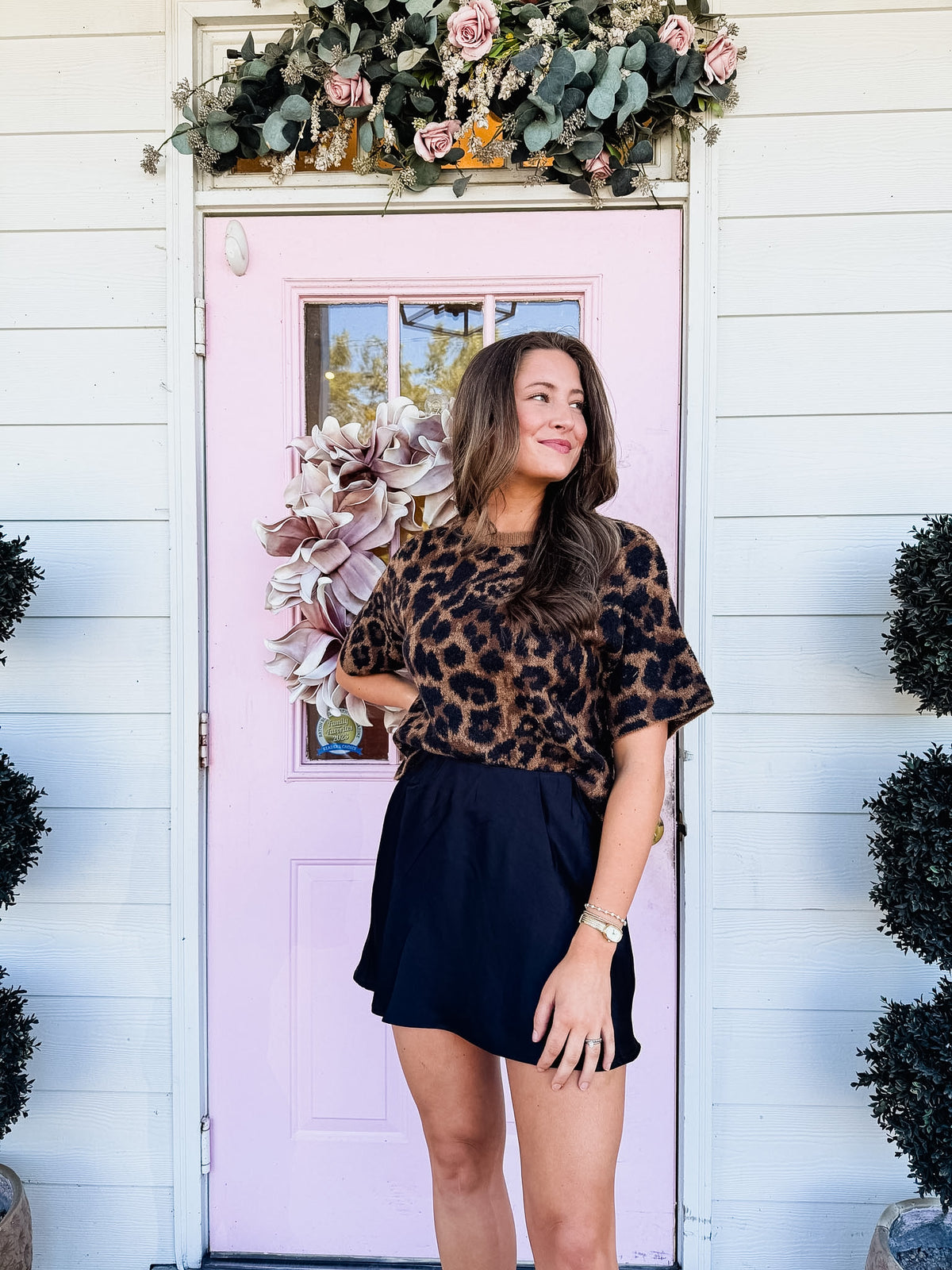 All Day Short Sleeve Round Neck Leopard Jacquard Sweater - Brown
