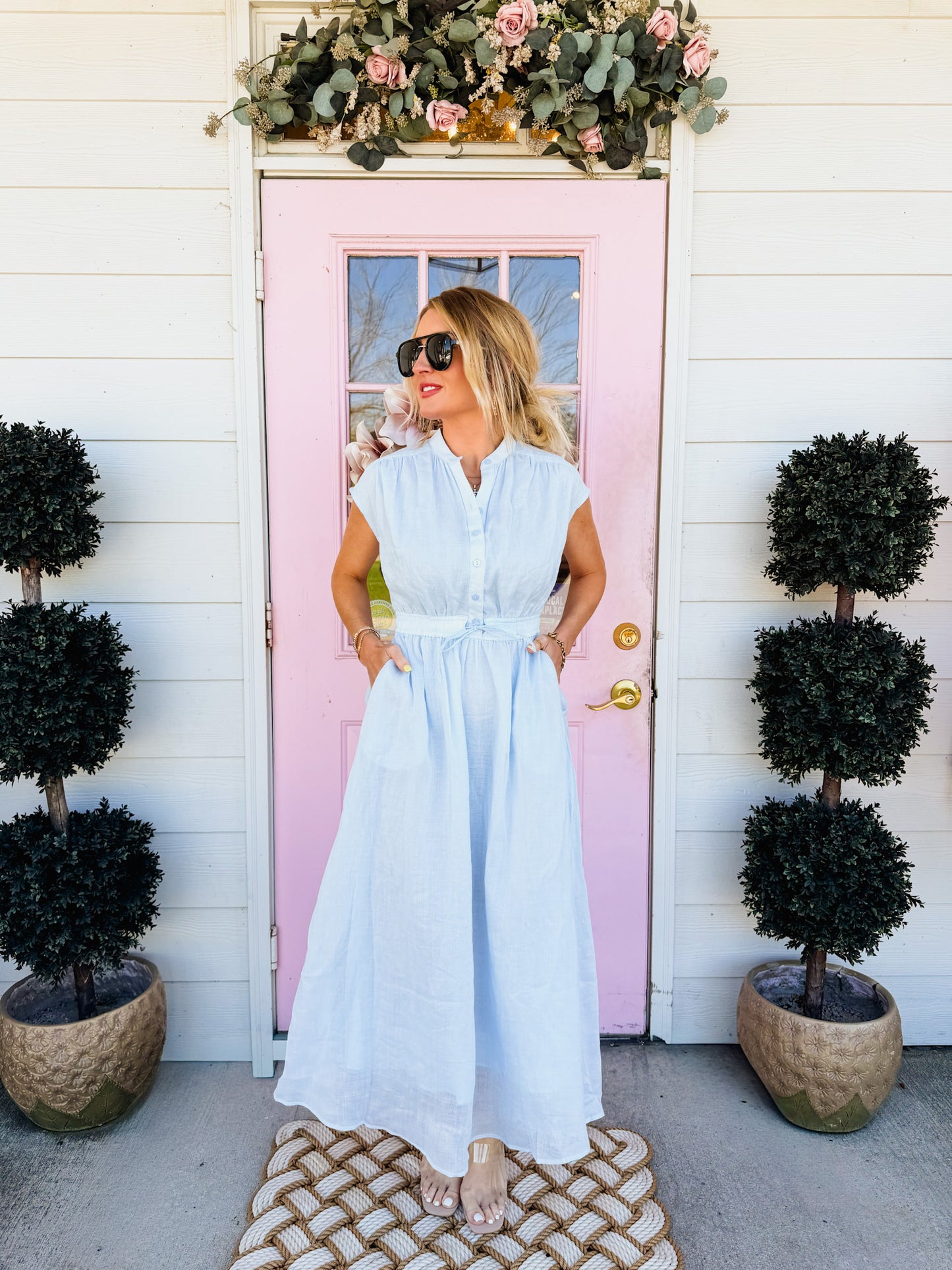 Elan Short Sleeve Tie Waist Midi Dress - Light Blue