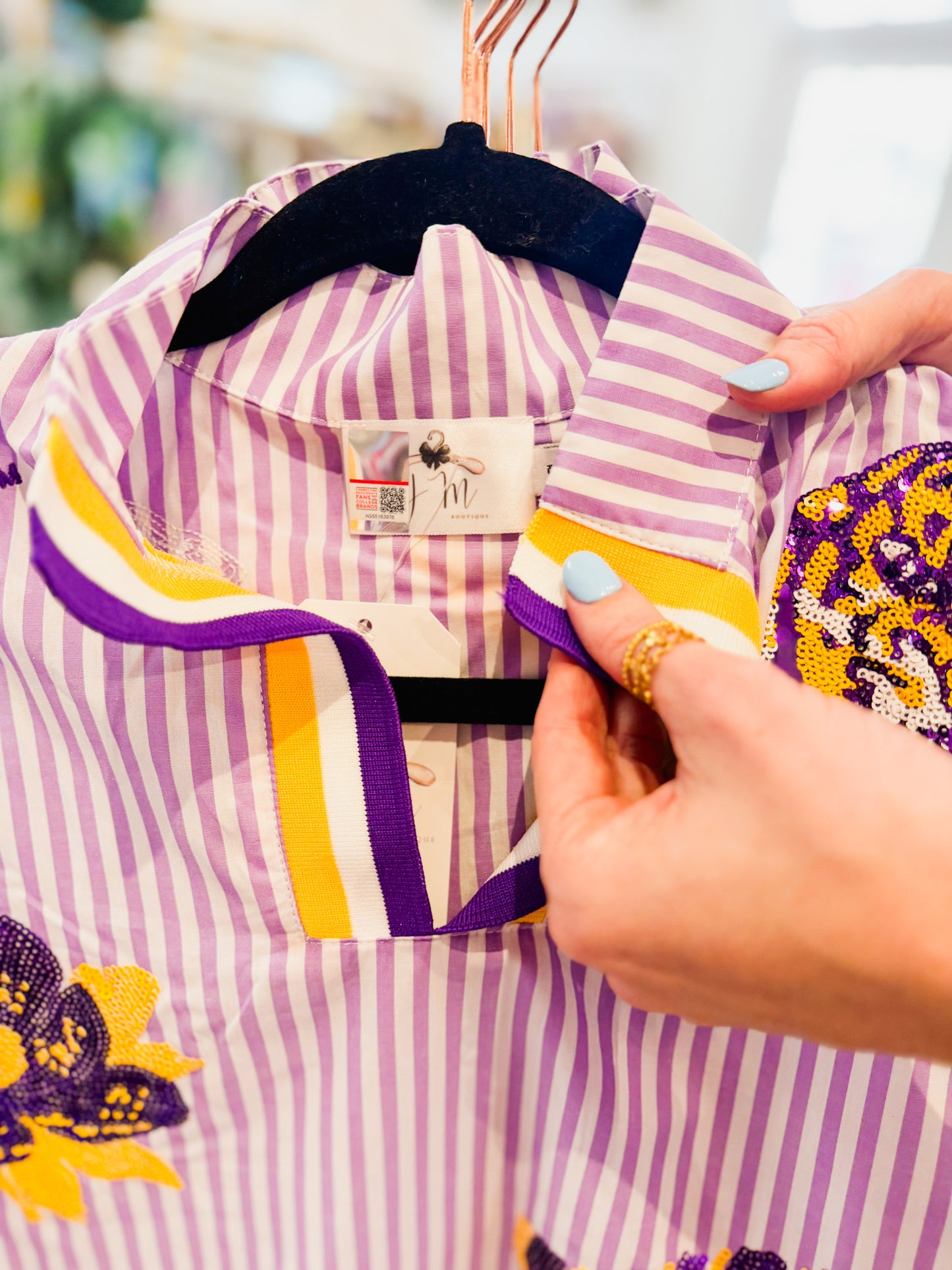 Licensed LSU Scattered Logo Striped Collared Top - Purple/White