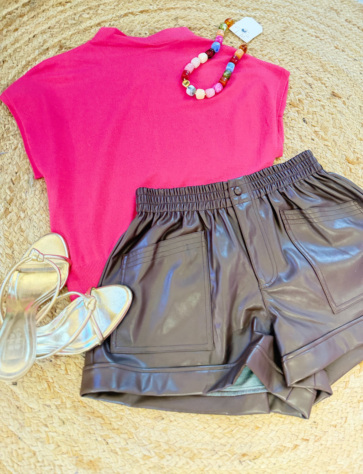 The Essential Cap Sleeve Mock Neck Sweater Top - Fuchsia