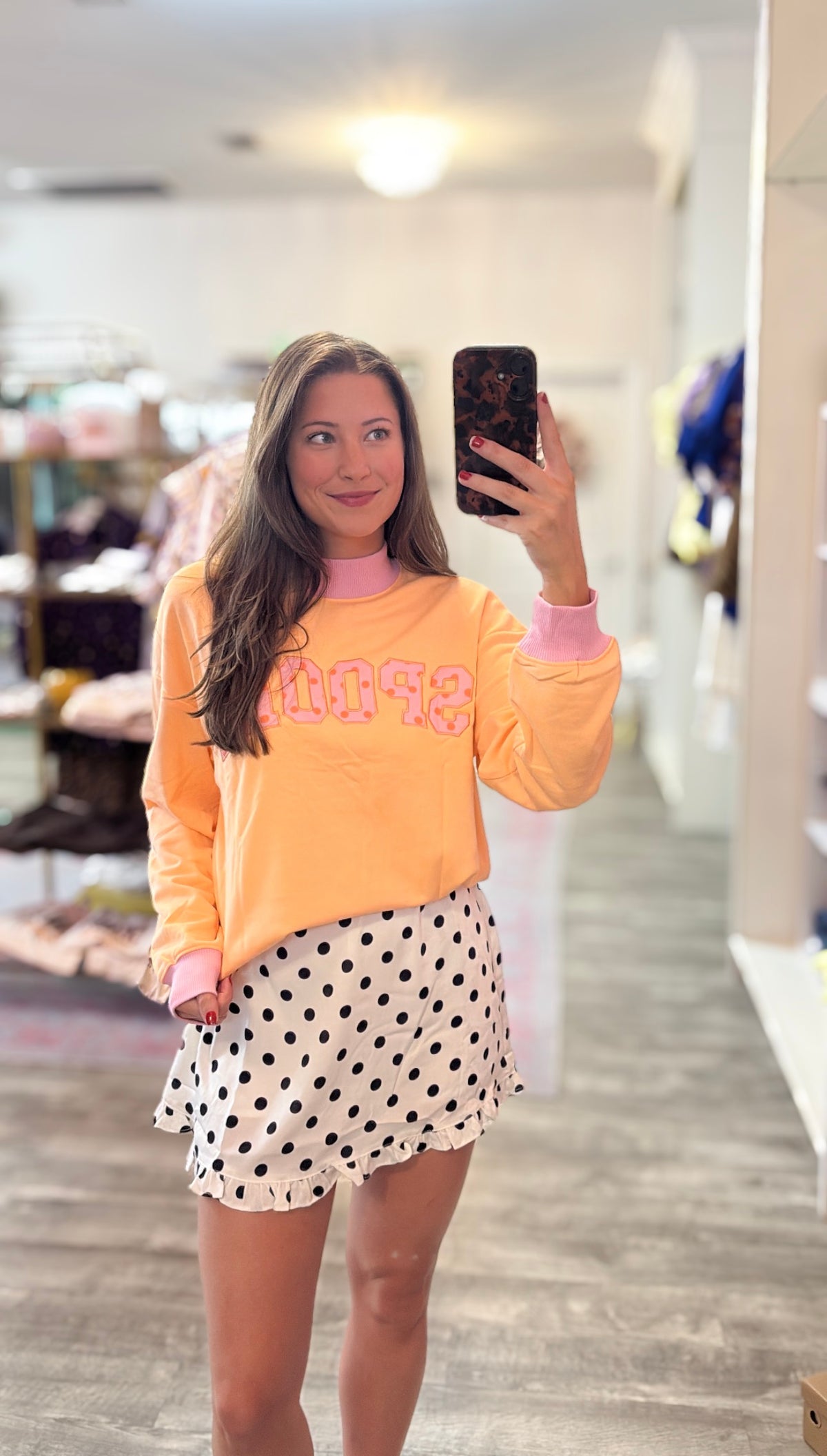 Spooky Polka Dot Letter Graphic Colorblock Tunic Sweatshirt - Grapefruit Orange