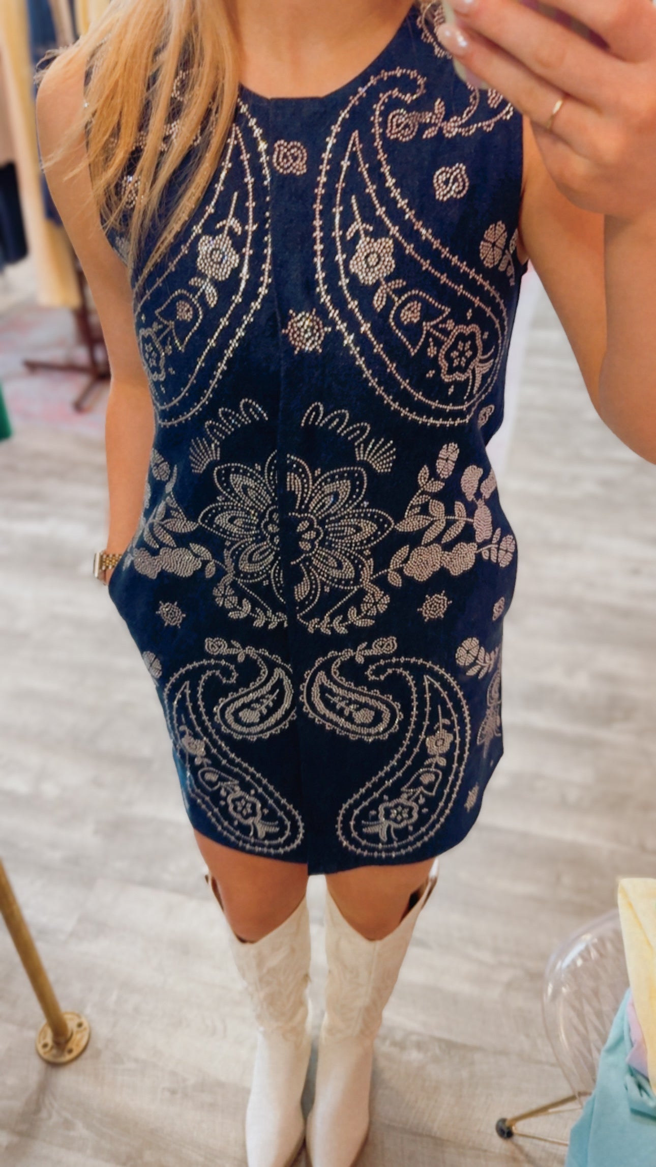 Queen of Sparkles Denim Sequin Paisley Button Up Tank Dress