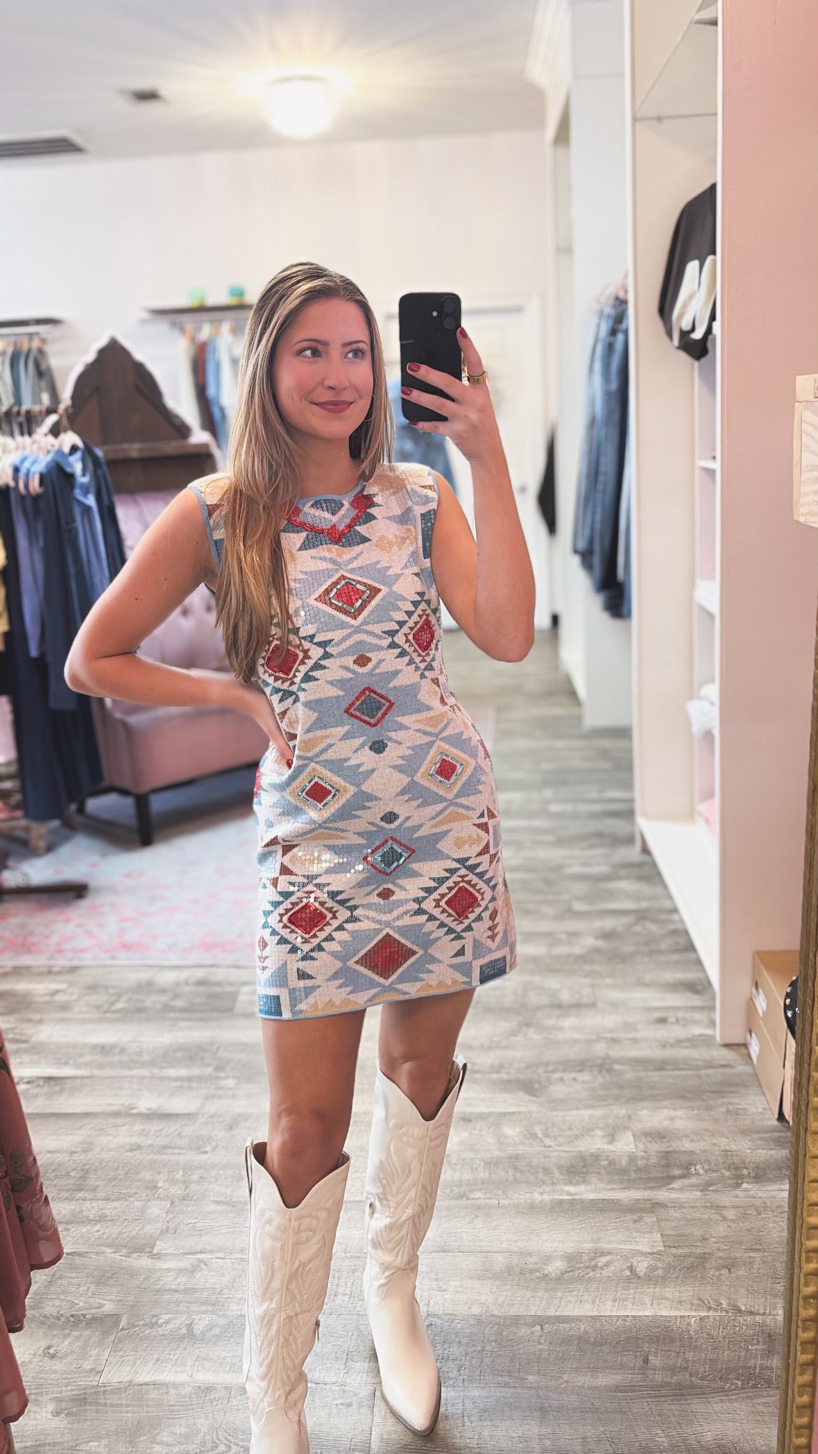 Queen of Sparkles Blue Multi Sequin Aztec Print Knit Tank Dress