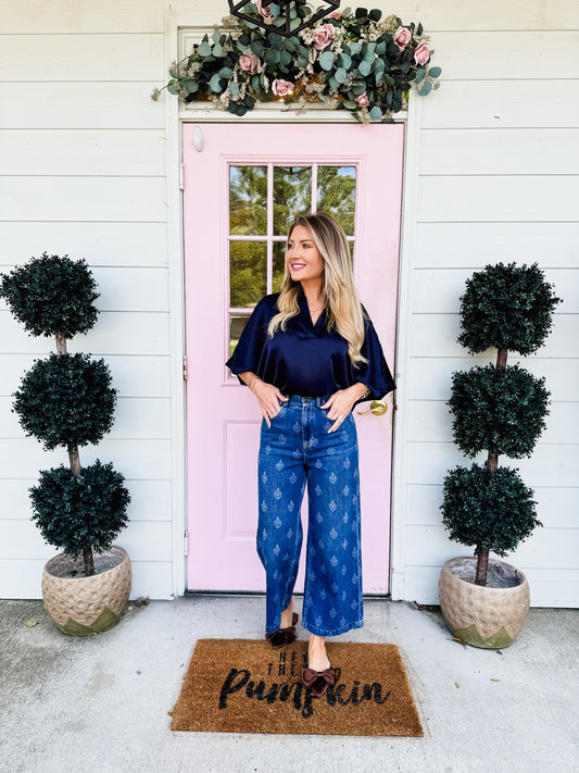 Collar V-Neck Oversized Top - Navy