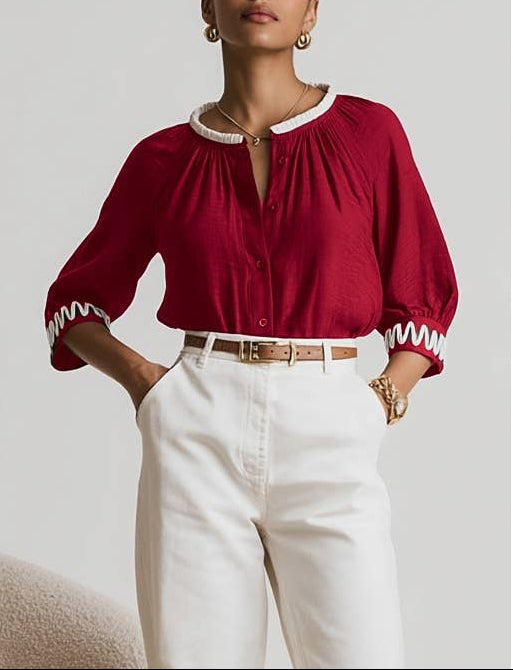 Changing Tides Abstract Applique Popover Blouse - Crimson Red