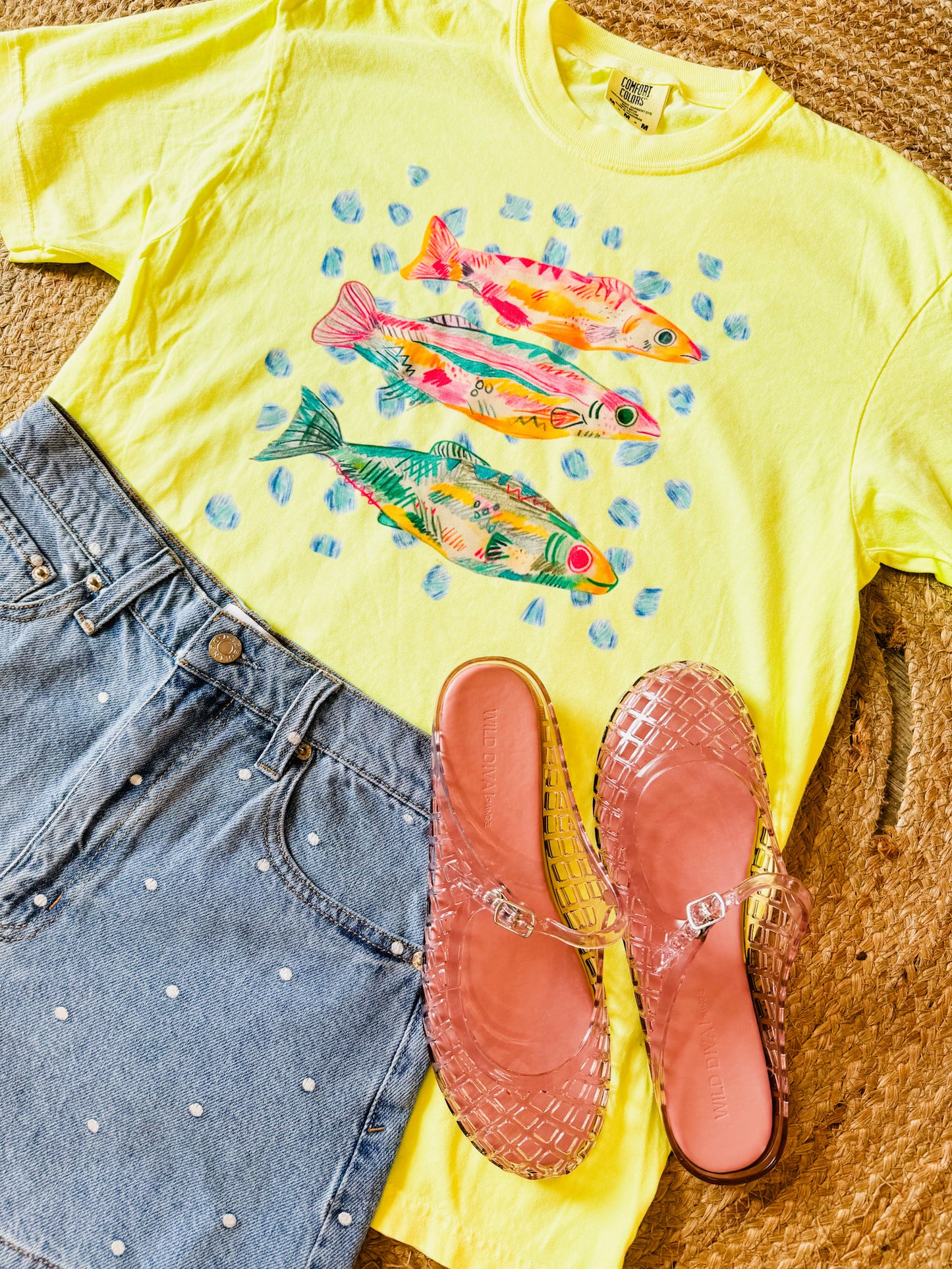Polka Dot Fish Graphic Tee - Neon Lemon