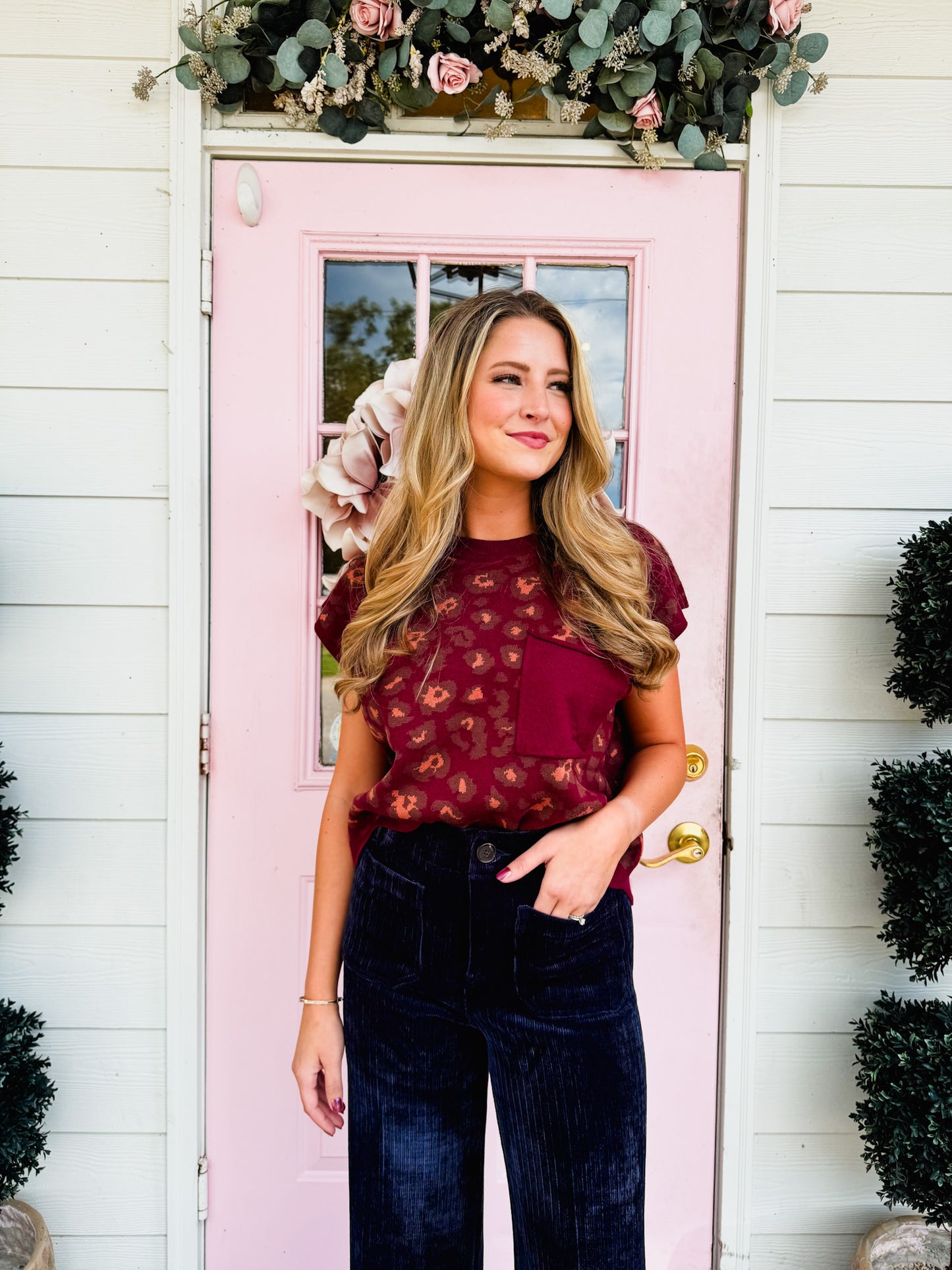 On To The Next Animal Print Cap Sleeve Top - Burgundy