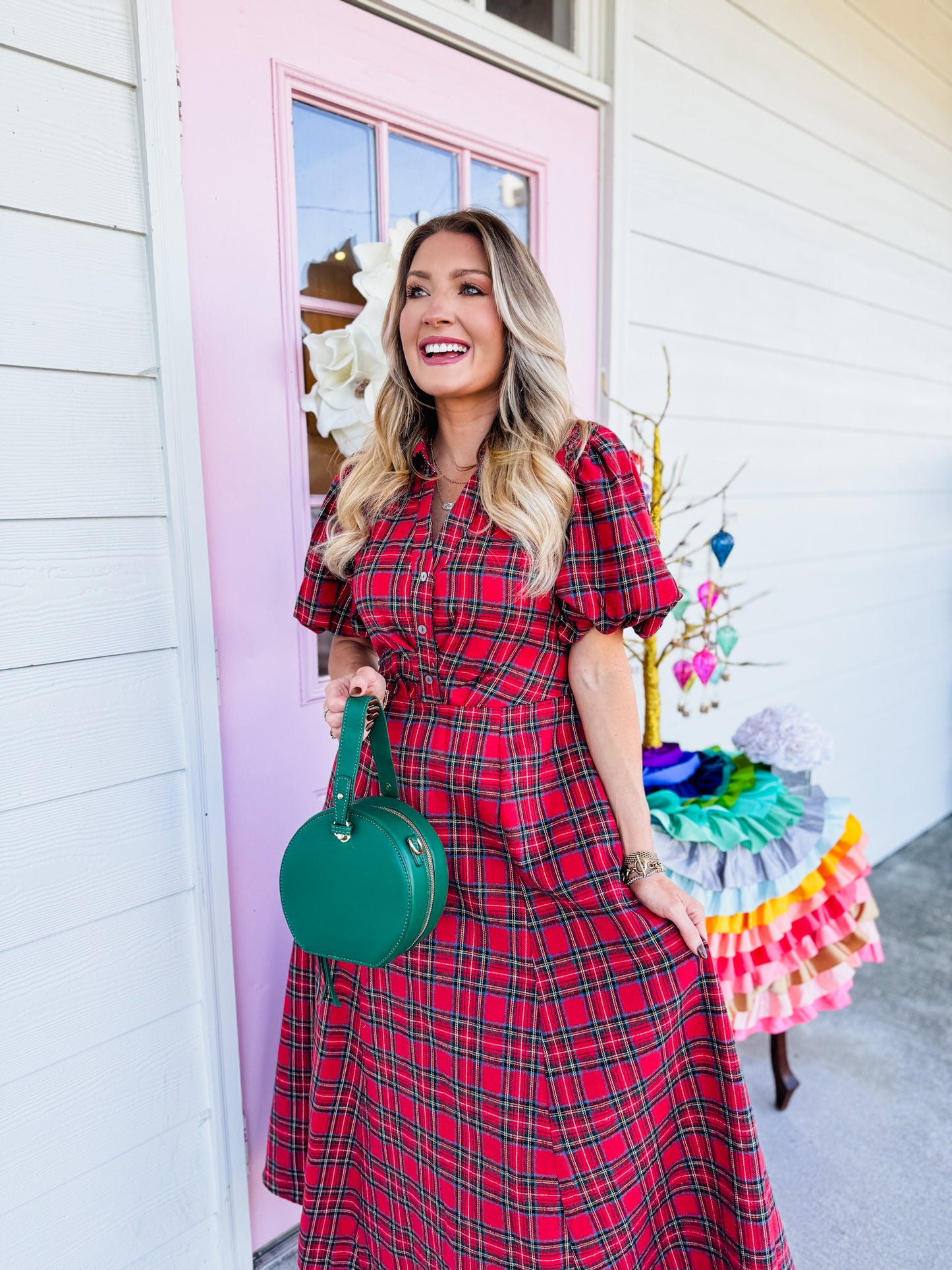 Very Merry Plaid Puff Sleeve Midi Dress - Red