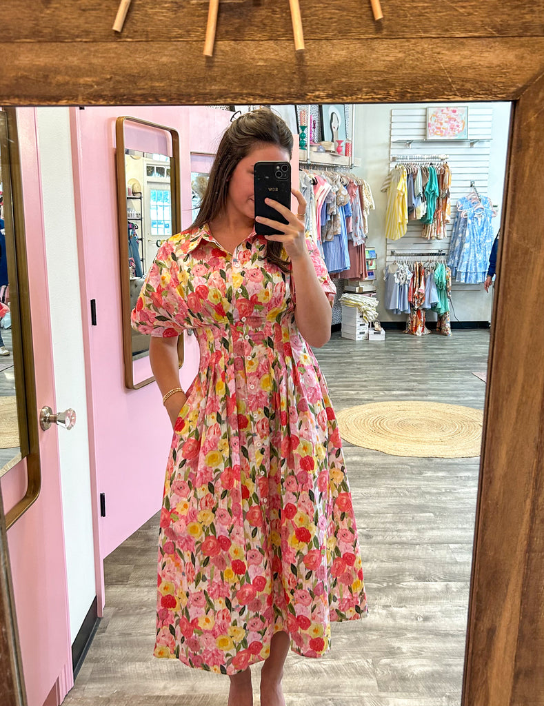 Happy Days Short Sleeve Floral Print Midi Dress - Pink