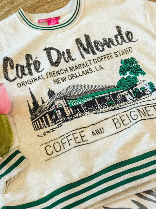 Queen Of Sparkles Licensed Grey Sport Stripe "Cafe Du Monde" Sweatshirt