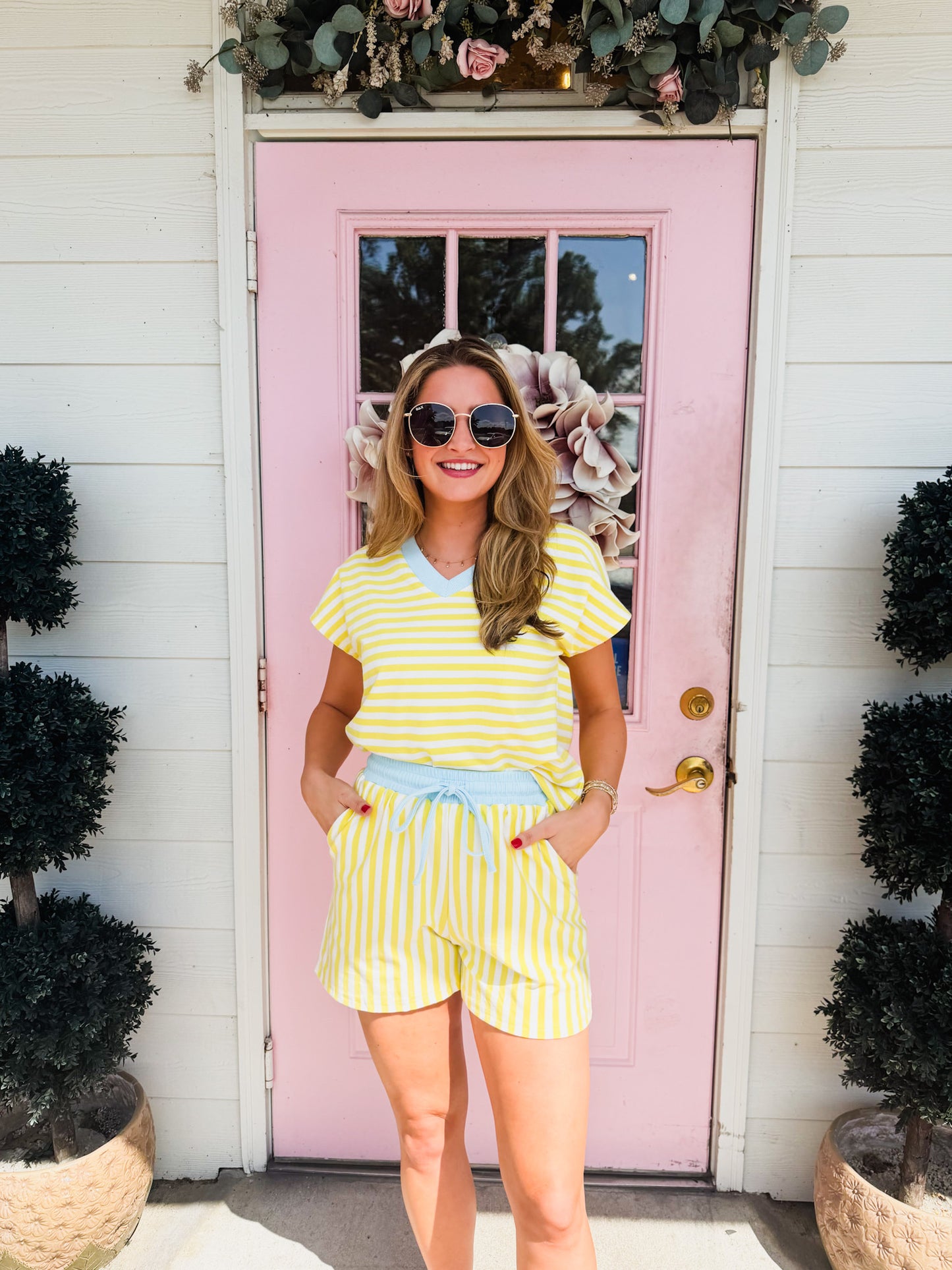 Stripe Colorblock Elastic Waist 2-Piece Short Set - Yellow