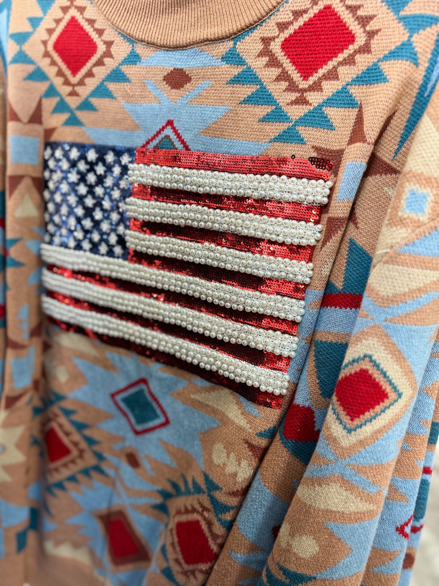 Queen of Sparkles USA Flag Aztec Print Knit Sweater