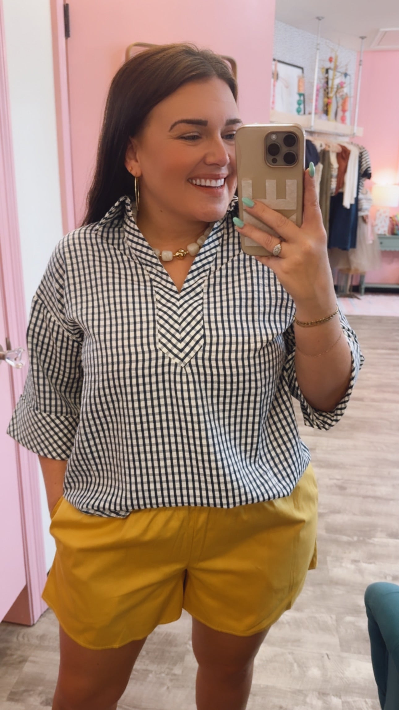 True Colors Gingham 3/4 Sleeve Top - Navy