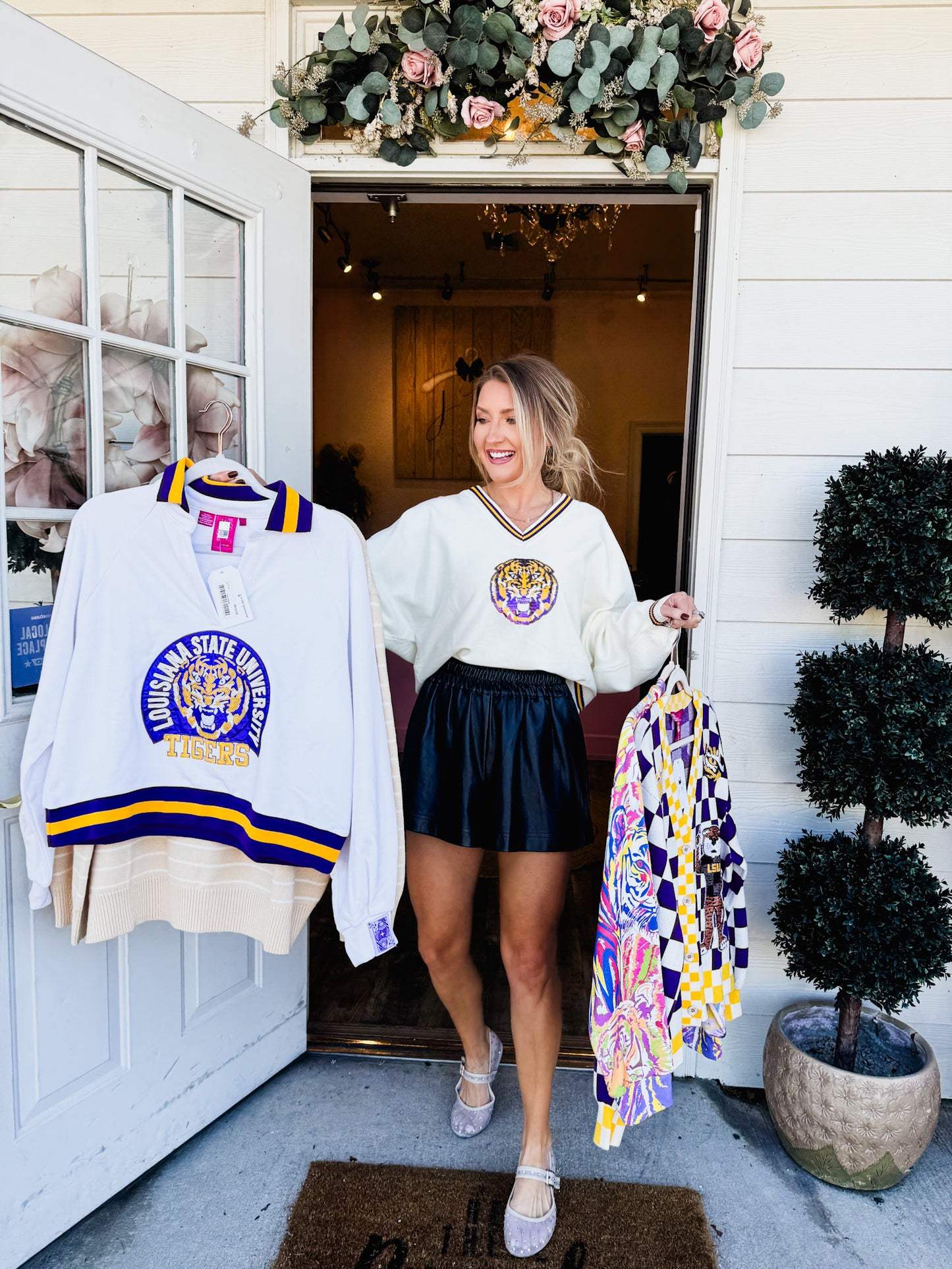 Queen Of Sparkles Licensed LSU V Neck Striped Cuff LS Sweater With Small Mascot