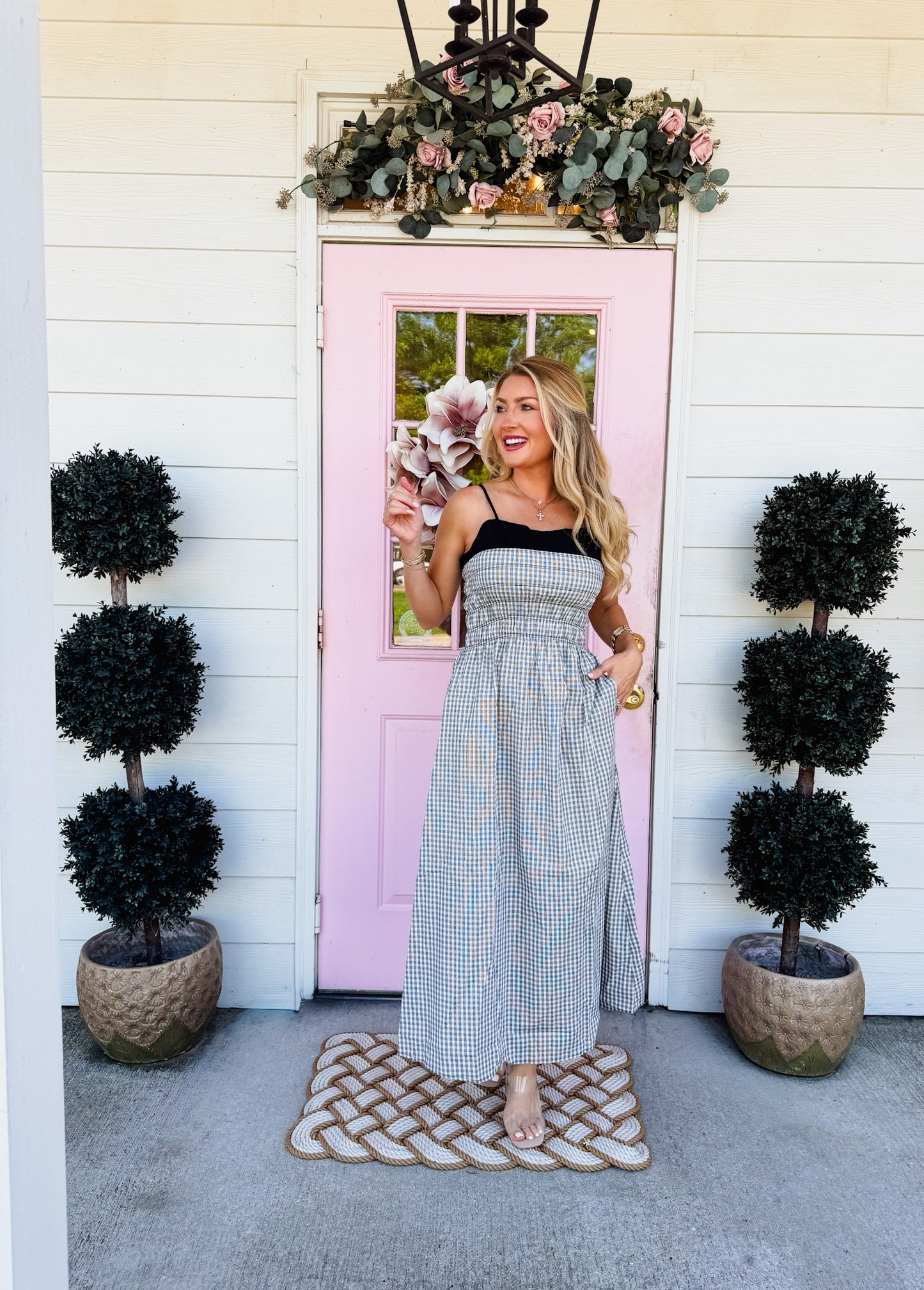 Elan Spagetti Strap Colorblock Maxi Dress - White Gingham