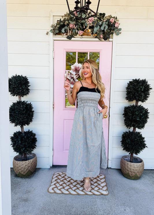 Elan Spagetti Strap Colorblock Maxi Dress - White Gingham